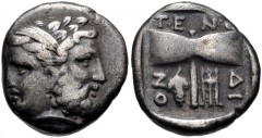 ISLANDS off TROAS, Tenedos. Late 5th-early 4th century BC. AR Drachm (14mm, 3.50 g, 6h). Janiform head of a diademed female and laureate male / Labrys; grape bunch and tripod flanking handle; all with