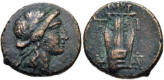 LESBOS, Mytilene. Circa 250-150 BC. Æ (16mm, 3.86 g, 12h). Laureate head of Apollo right / Kithara; monograms to lower left and right. SNG Ashmolean 1561–5; HGC 6, 1050. Near VF, brown and tan surface