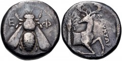 IONIA, Ephesos. Circa 390-325 BC. AR Tetradrachm (23mm, 14.80 g, 12h). Amentor, magistrate. Bee with straight wings / Forepart of stag right, head left; palm tree to left, ΑΜΥΝΤΩΡ to right. Pixodarus 