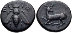 IONIA, Ephesos. Circa 370-350 BC. Æ (13mm, 2.25 g, 12h). Bee with straight wings / Stag kneeling left, head right. SNG Copenhagen –; SNG von Aulock 1838 & 7823; Pixodarus p. 191, note 30. VF, dark bro