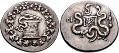 IONIA, Ephesos. Circa 180-67 BC. AR Tetradrachm (29mm, 12.61 g, 12h). Cistophoric issue. Struck circa 160-150 BC. Cista mystica with serpent; all within ivy wreath / Two serpents entwined around bow a