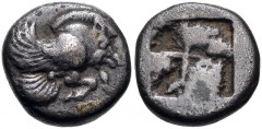 IONIA, Klazomenai. Circa 480-400 BC. AR Diobol (9mm, 1.13 g). Forepart of winged boar right / Quadripartite incuse square. SNG München 451; SNG Kayhan 334; SNG Copenhagen 6. VF, toned, minor granulari