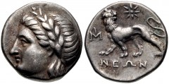 IONIA, Miletos. Circa 340-325 BC. AR Drachm (14mm, 3.53 g, 12h). Neon, magistrate. Laureate head of Apollo left / Lion standing left, head right; star above, MI (civic) monogram to left, NEΩN in exerg