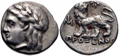 IONIA, Miletos. Circa 340-325 BC. AR Hemidrachm (12mm, 1.75 g, 12h). Proxenos, magistrate. Laureate head of Apollo left / Lion standing left, head right; star above, MI (civic) monogram to left, ΠΡΟΞΕ
