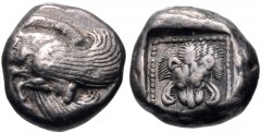 ISLANDS off IONIA, Samos. Circa 526-522 BC. AR Drachm (11.5mm, 3.33 g, 2h). Forepart of winged boar left / Lion scalp facing in dotted square within incuse square. Barron Class A i, 7b (DA5/DP7 – this
