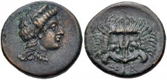 ISLANDS off IONIA, Samos. Circa 408/4-380/66 BC. Æ (14.5mm, 2.84 g, 6h). Head of Hera right / Facing lion scalp. HGC 6, 1250 corr. (reference); SNG Copenhagen 1692–3. VF, brown surfaces. From the coll