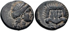 ISLANDS off IONIA, Samos. Circa 408/4-380/66 BC. Æ (14mm, 2.59 g, 6h). Head of Hera right / Facing lion scalp. HGC 6, 1250 corr. (reference); SNG Copenhagen 1692–3. VF, earthen dark green patina. From