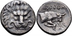 ISLANDS off IONIA, Samos. Circa 310-300 BC. AR Didrachm (19mm, 6.05 g, 12h). Rhodian standard. Metrophon, magistrate. Lion scalp facing / Forepart of ox right; olive branch to lower right. Barron p. 2