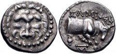 ISLANDS off IONIA, Samos. Circa 210-185 BC. AR Oktobol – Drachm (15mm, 3.08 g, 12h). Rhodian Plinthophoric standard. Facing lion scalp / Forepart of ox charging right; krater and monogram below. Barro