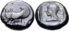 CARIA, Uncertain ('Mint G'). Circa 490-470 BC. AR Hemistater (17mm, 6.58 g, 11h). Aeginetic standard. Forepart of winged man-headed bull left / Head of female left in dotted square border within incus