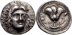 ISLANDS off CARIA, Rhodos. Rhodes. Circa 229-205 BC. AR Tetradrachm (26mm, 13.40 g, 12h). Ameinias, magistrate. Radiate head of Helios facing slightly right / Rose with bud to right; prow to left, AME