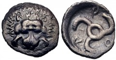 DYNASTS of LYCIA. Aruwatijesi. Circa 400-370 BC. AR Obol (11mm, 0.54 g). Zagaba mint. Lion scalp facing / Triskeles. Falghera –; SNG Copenhagen Supp. –; cf. SNG von Aulock 4206 (drachm). VF, find pati