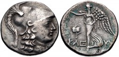PAMPHYLIA, Side. Circa 145-125 BC. AR Tetradrachm (27mm, 15.99 g, 12h). Kleuch–, “magistrate”. Helmeted head of Athena right / Nike advancing left, holding wreath; pomegranate to left, ΚΛE–Y[X] across