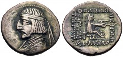 KINGS of PARTHIA. Arsakes XVI. 78/7-62/1 BC. AR Drachm (21mm, 4.08 g, 12h). Ekbatana mint. Struck circa 78/7-68/7 BC. Diademed bust left / Archer (Arsakes I) seated right on throne, holding bow. Cf. S