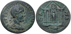 ISLANDS off IONIA, Samos. Valerian I. AD 253-260. Æ (27mm, 11.85 g, 6h). Laureate, draped, and cuirassed bust right / Facing cult statue of Samian Hera within tetrastyle temple. BMC 370; SNG Copenhage