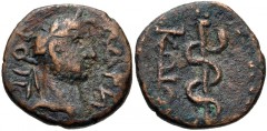 ISLANDS off CARIA, Cos. Hadrian. AD 117-138. Æ (14mm, 1.92 g, 3h). AΔPИ–IIOI, laureate head right / ΚΩIΩΝ, serpent-entwined staff of Asclepius. SNG Copenhagen –; SNG von Aulock –; SNG München –; BMC –