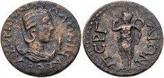 PAMPHYLIA, Perge. Salonina. Augusta, AD 254-268. Æ 10 Assaria (29mm, 15.09 g, 6h). Draped bust right, wearing stephane and set on crescent; I (mark of value) to right / Pan standing left, playing syri