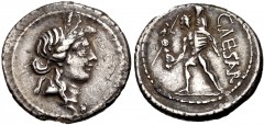 The Caesarians. Julius Caesar. Late 48-47 BC. AR Denarius (19mm, 3.59 g, 7h). Military mint traveling with Caesar in North Africa. Diademed head of Venus right / Aeneas advancing left, holding palladi