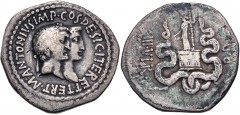 The Triumvirs. Mark Antony and Octavia. Summer-autumn 39 BC. AR Cistophorus (29mm, 11.22 g, 1h). Ephesus mint. Conjoined heads right of Mark Antony, wreathed, and Octavia / Dionysus, holding cantharus