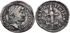 Hadrian. AD 117-138. AR Cistophorus (27mm, 9.89 g, 6h). Ephesus mint. Struck AD 128-138. Bare head right / Facing cult statue of Diana (Artemis) Ephesia between two stags. RIC II 525; Metcalf, Cistoph