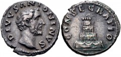 Divus Antoninus Pius. Died AD 161. AR Denarius (17mm, 3.15 g, 7h). Commemorative issue. Rome mint. Struck under Marcus Aurelius and Lucius Verus, AD 161. Bare head right / Four-tiered funeral pyre, ga