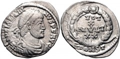 Julian II. AD 360-363. AR Siliqua (16mm, 1.95 g, 7h). Arelate (Arles) mint, 1st officina. Struck AD 361-363. Pearl-diademed, draped, and cuirassed bust right / VOT / X / MVLT / XX within wreath; pelle
