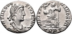 Theodosius I. AD 379-395. AR Siliqua (16mm, 1.41 g, 12h). Treveri (Trier) mint. Struck AD 388-395. Pearl-diademed, draped, and cuirassed bust right / Roma seated left on cuirass, holding crowning Vict