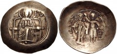 Isaac II Angelus. First reign, 1185-1195. EL Aspron Trachy (30mm, 4.29 g, 6h). Constantinople mint. The Theotokos enthroned facing, holding head of the Holy Infant on lap / Isaac, holding cross-tipped