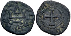 ITALY, Genova. Maona Society. Circa 1347-1385. Æ Denaro Tornese (12mm, 0.62 g, 1h). Chios mint. Struck circa 1477-1487. Châtel tournois / Cross potent. Cf. Lunardi S36b (same). VF, black-green patina,