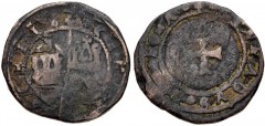 ITALY, Genova. Maona Society. Circa 1347-1385. Æ Tornese (21mm, 4.61 g, 11h). Chios mint. Struck circa 1487-1488. To left, crowned half-length eagle above three-towered façade; to right, châtel tourno