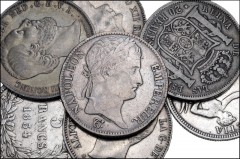 WORLD. Miscellaneous. Lot of seven (7) crown-sized AR denominations from around Europe. Includes: FRANCE. 5 Francs: 1812-K // 1834-K. NETHERLANDS. 2 1/2 Gulden: 1866. SPAIN. 20 Reales: 1850. 5 Pesetas