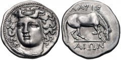 THESSALY, Larissa. Circa 356-342 BC. AR Drachm (18mm, 5.97 g, 6h). Head of the nymph Larissa facing slightly left, with hair in ampyx / ΛAPIΣ AIΩN above and below, horse right, preparing to lie down. 