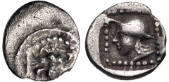 LYCIA, Uncertain. Circa 520-470/60 BC. AR Hemiobol(?) (8mm, 0.25 g, 5h). Facing lion’s scalp / Head of Hermes left, wearing petasos(?), in pelleted square border within incuse square. Falghera –; BMC 
