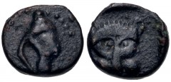 DYNASTS of LYCIA. Uncertain dynast. Circa 380-370 BC. Æ (9mm, 0.82 g, 12h). Murex shell / Facing lion’s head within incuse square. BMC 141, pl. VIII, 9; CNG E-297, lot 66. VF, dark brown patina with t