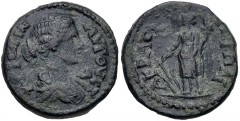 LYDIA, Acrasus. Faustina Junior. Augusta, AD 147-175. Æ (16mm, 3.25 g, 6h). ΦAVCTIN AVΓOVCT/A, draped bust right / AKPACI-ΩTΩN, Fortuna standing left, holding rudder and cornucopia. RPC IV online 9600