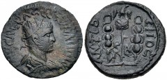 PISIDIA, Antiochia. Volusian. AD 251-253. Æ (22mm, 5.10 g, 12h). Radiate, draped, and cuirassed bust right / Aquila between two signa. SNG France 1294-6 var. (rev. legend). VF, green patina. From the 
