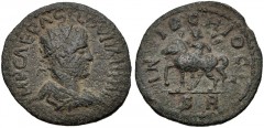 PISIDIA, Antiochia. Volusian. AD 251-253. Æ (21mm, 4.17 g, 7h). IMP CAE RASLLOVNAHI AV, radiate, draped, and cuirassed bust right / ANTIOCHIO CL SR, Volusian riding horse left, raising hand. Apparentl