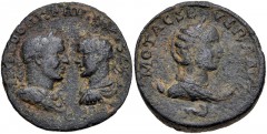 SYRIA, Coele-Syria. Damascus. Philip I, with Otacilia Severa and Philip II. AD 244-249. Æ (29mm, 15.82 g, 1h). Draped and cuirassed busts of Philip I, laureate, and Philip II, radiate, facing one anot