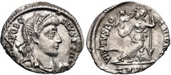 Theodosius I. AD 379-395. AR Siliqua (16mm, 0.92 g, 12h). Treveri (Trier) mint. Struck AD 388-395. Pearl-diademed, draped, and cuirassed bust right / Roma seated left on cuirass, holding crowning Vict