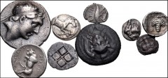 GREEK. Miscellaneous. Lot of nine (9) bronze and silver issues. Includes: BRUTTIUM, Rhegion. AR Hemilitron // MOESIA, Istros. AR Hemiobol // THRACE, Maroneia. AR Obol // THRACE, Trieros. AR Hemiobol /
