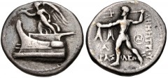 KINGS of MACEDON. Demetrios I Poliorketes. 306-283 BC. AR Drachm (18mm, 4.13 g, 1h). Tarsos mint. Struck circa 298-295 BC. Nike standing left on prow of galley left, blowing trumpet and cradling styli
