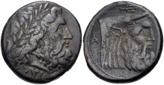 AKARNANIA, Federal Coinage (Akarnanian Confederacy). 3rd century BC. Æ (20mm, 6.38 g, 10h). Laureate head of Zeus right; API below / Head of river-god Achelӧos left; trident head above, monogram to le