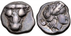 PHOKIS, Federal Coinage. Circa 354-352 BC. AR Triobol – Hemidrachm (12mm, 2.80 g, 6h). Onymarchos, strategos. Facing bull’s head / Head of Artemis right; chelys to left. Williams 350 var. (O–/R212 [un