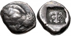 ISLANDS off IONIA, Samos. Circa 526-522 BC. AR Drachm (15mm, 3.52 g, 9h). Samian standard. Forepart of winged boar left / Facing lion's scalp within dotted incuse square. Barron Class A i, 5 (DA4/DP5 