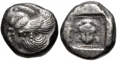 ISLANDS off IONIA, Samos. Circa 526-522 BC. AR Drachm (13mm, 3.52 g, 3h). Samian standard. Forepart of winged boar left / Facing lion's scalp within dotted incuse square. Barron Class A i, 18 (DA11a/D