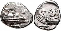 LYCIA, Phaselis. 4th century BC. AR Stater (23mm, 10.40 g, 8h). Prow of galley right, fighting platform decorated with Pegasos flying right; below, dolphin right; before, uncertain symbol (∆?) / Stern