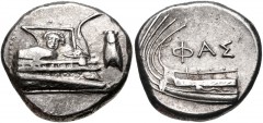 LYCIA, Phaselis. 4th century BC. AR Stater (21mm, 10.41 g, 8h). Prow of galley right, fighting platform decorated with facing gorgoneion; to right, cicada upward / Stern of galley left; ΦΑΣ above. Hei