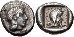 DYNASTS of LYCIA. Kherei. Circa 410-390 BC. AR Stater (18mm, 8.54 g, 3h). Xanthos mint. Helmeted head of Athena right, palmette on helmet / Head of Kherei right, wearing Persian tiara, within incuse s