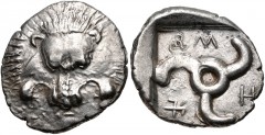 DYNASTS of LYCIA. Trbbenimi. Circa 390-375 BC. AR Stater (22mm, 9.74 g). Zemura (Limyra) mint. Facing lion scalp; T below / Triskeles; small triskeles in one corner, ZẼ and T (in Lycian) around; all w