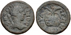 LYDIA, Thyateira. Elagabalus. AD 218-222. Æ (20mm, 4.47 g, 1h). Laureate head right / Prize urn, with two palm fronds. SNG Copenhagen 620. Near VF, green patina. From the Dr. George Spradling Collecti